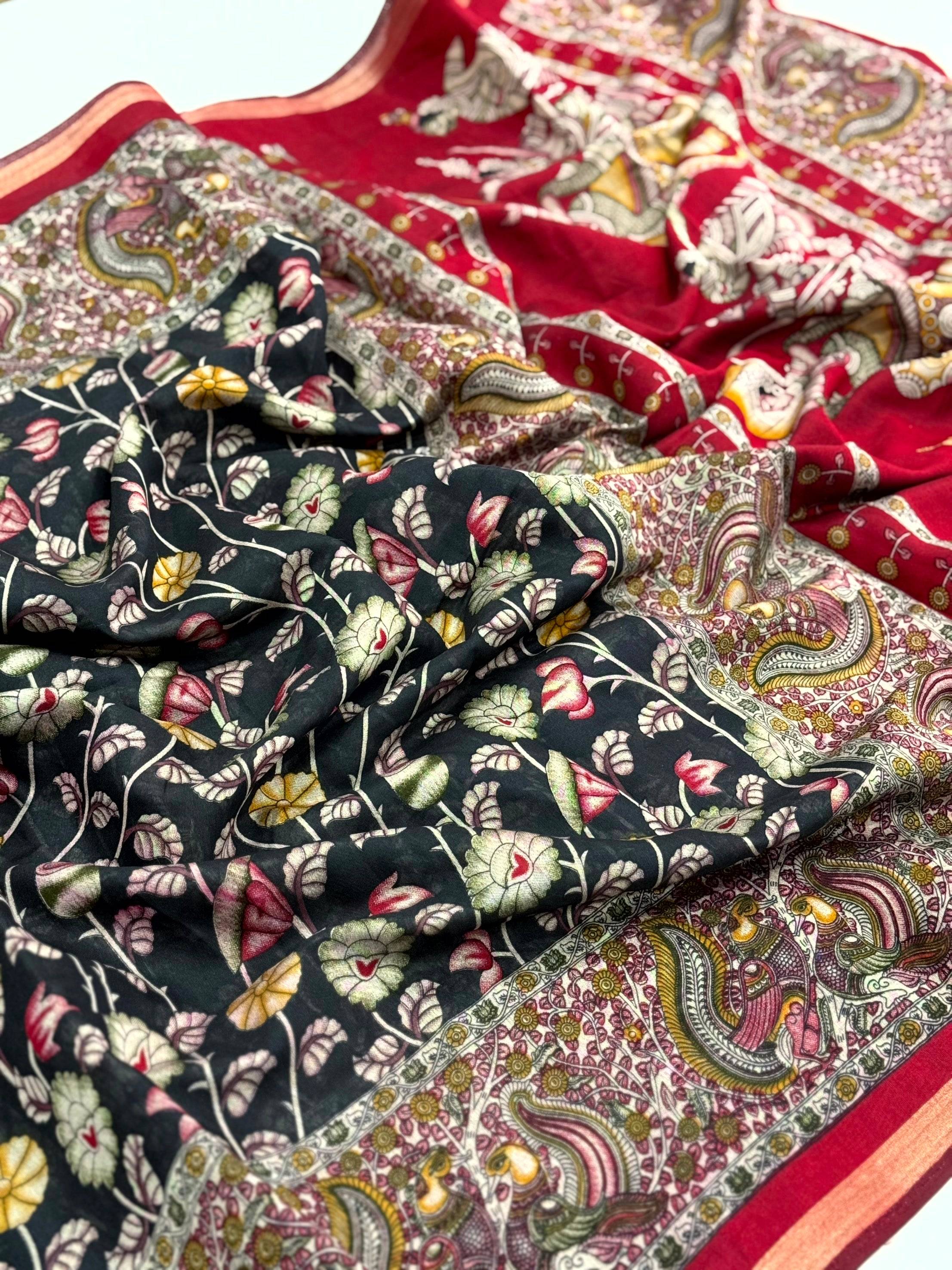Black Mal Cotton Pen Kalamkari Saree - Image 3