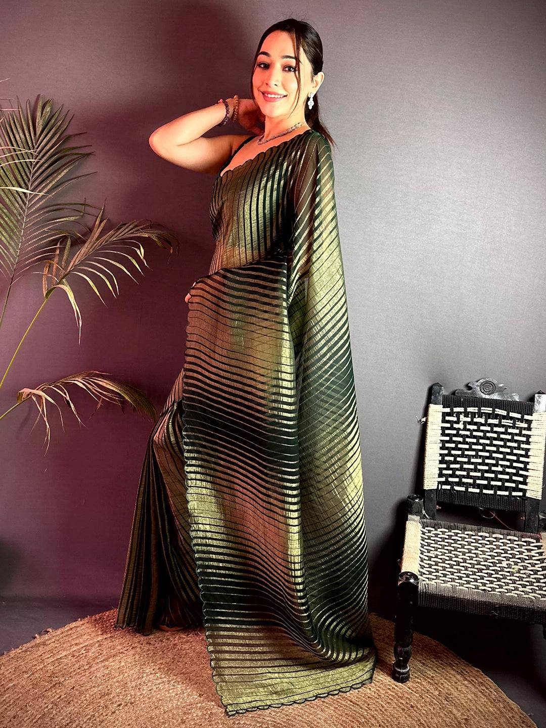 Classic Gold Zari Striped Chiffon Saree - Image 3