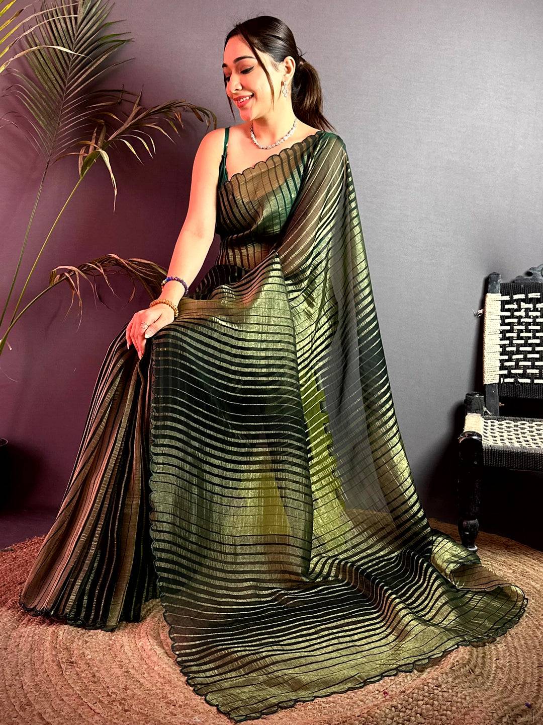Classic Gold Zari Striped Chiffon Saree - Image 4