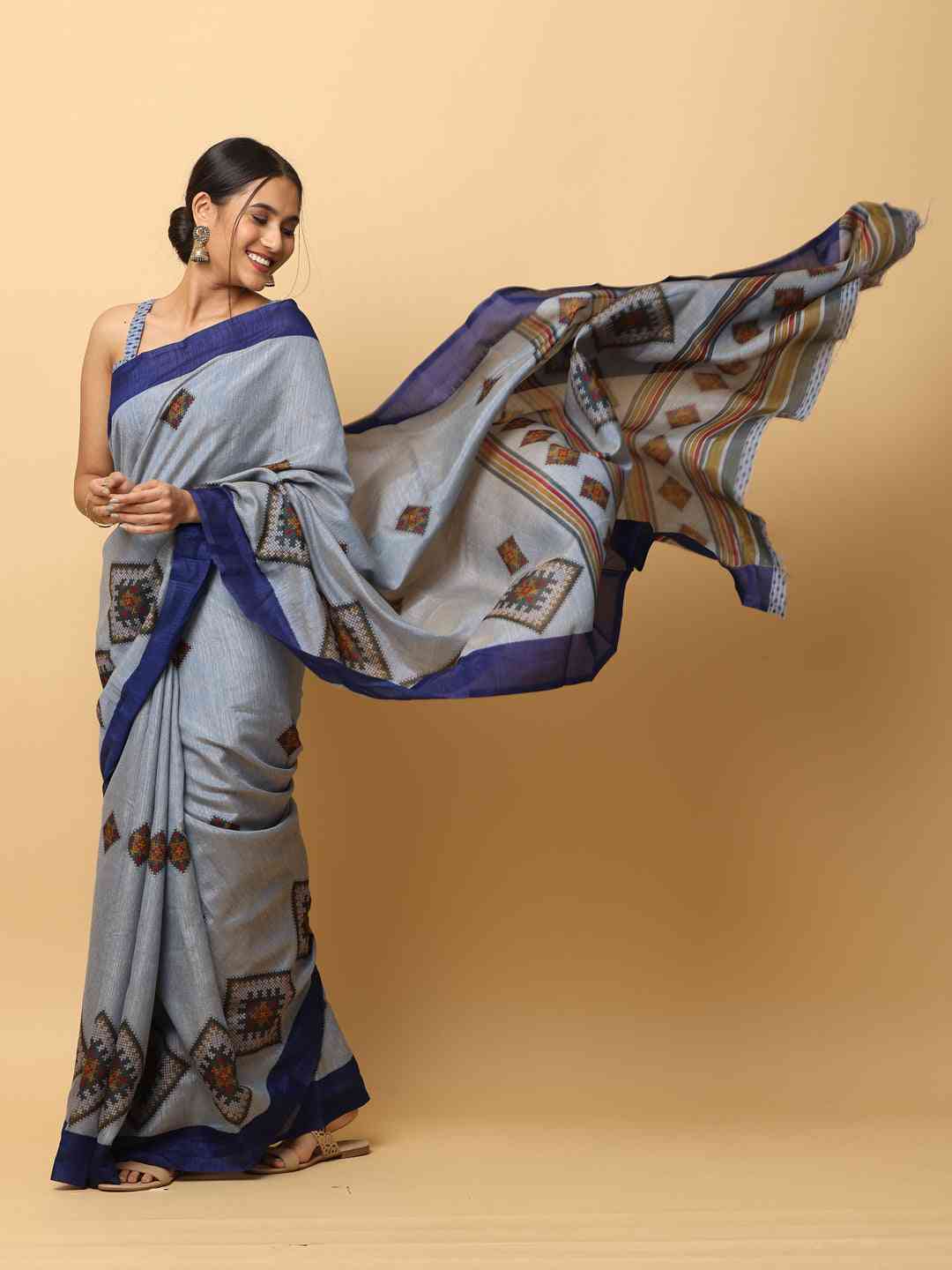Designer Printed Grey Colour Soft Silk Party Wear Saree - Image 3