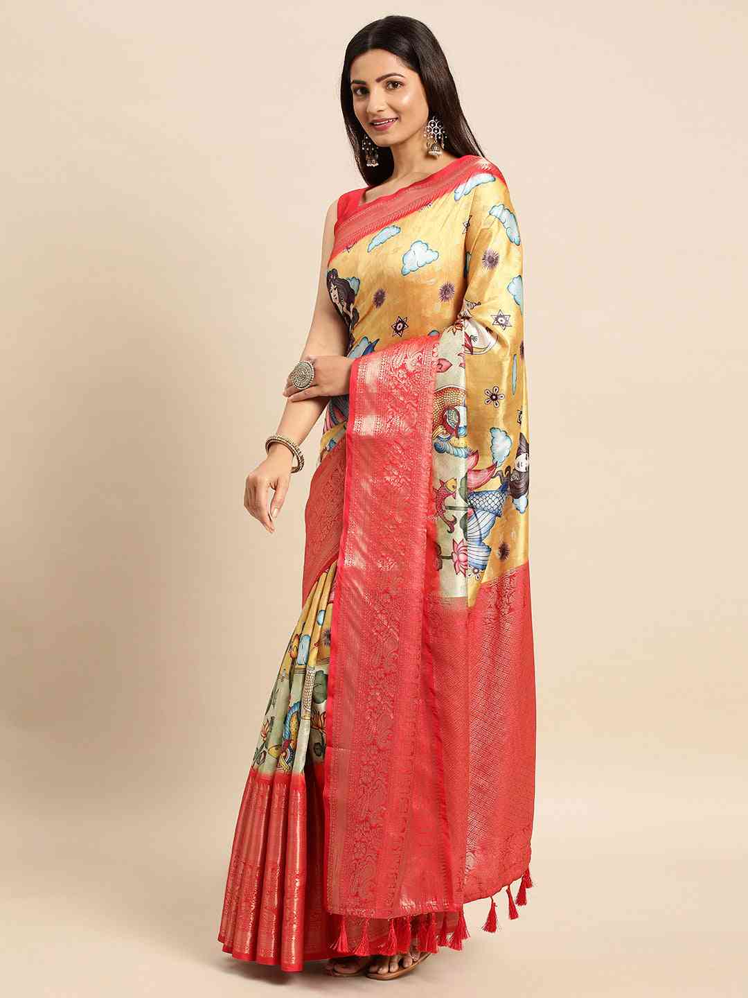 Exquisite Kalamkari Pattu Banarasi Silk Saree - Image 3