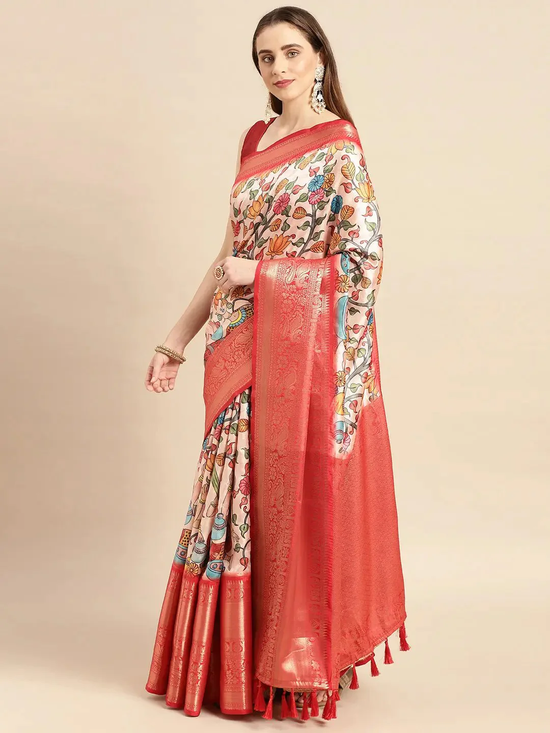 Exquisite Kalamkari Pattu Banarasi Silk Saree - Image 3