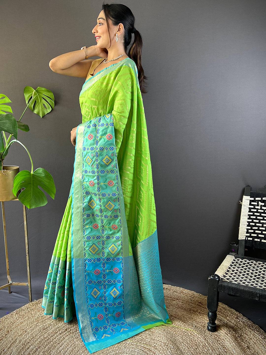 Perot Green Katan Silk Ikkat Saree - Image 3