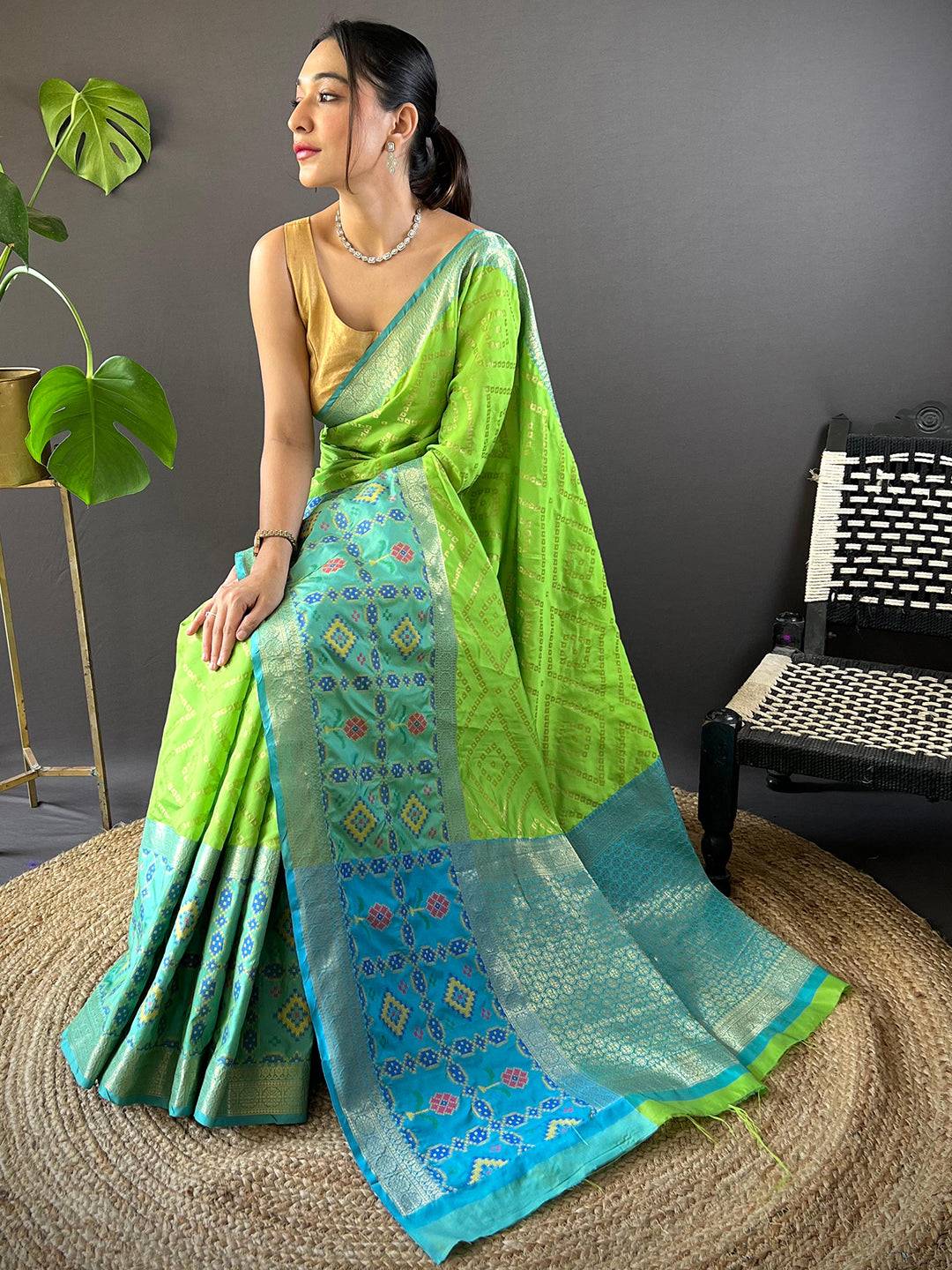 Perot Green Katan Silk Ikkat Saree - Image 4