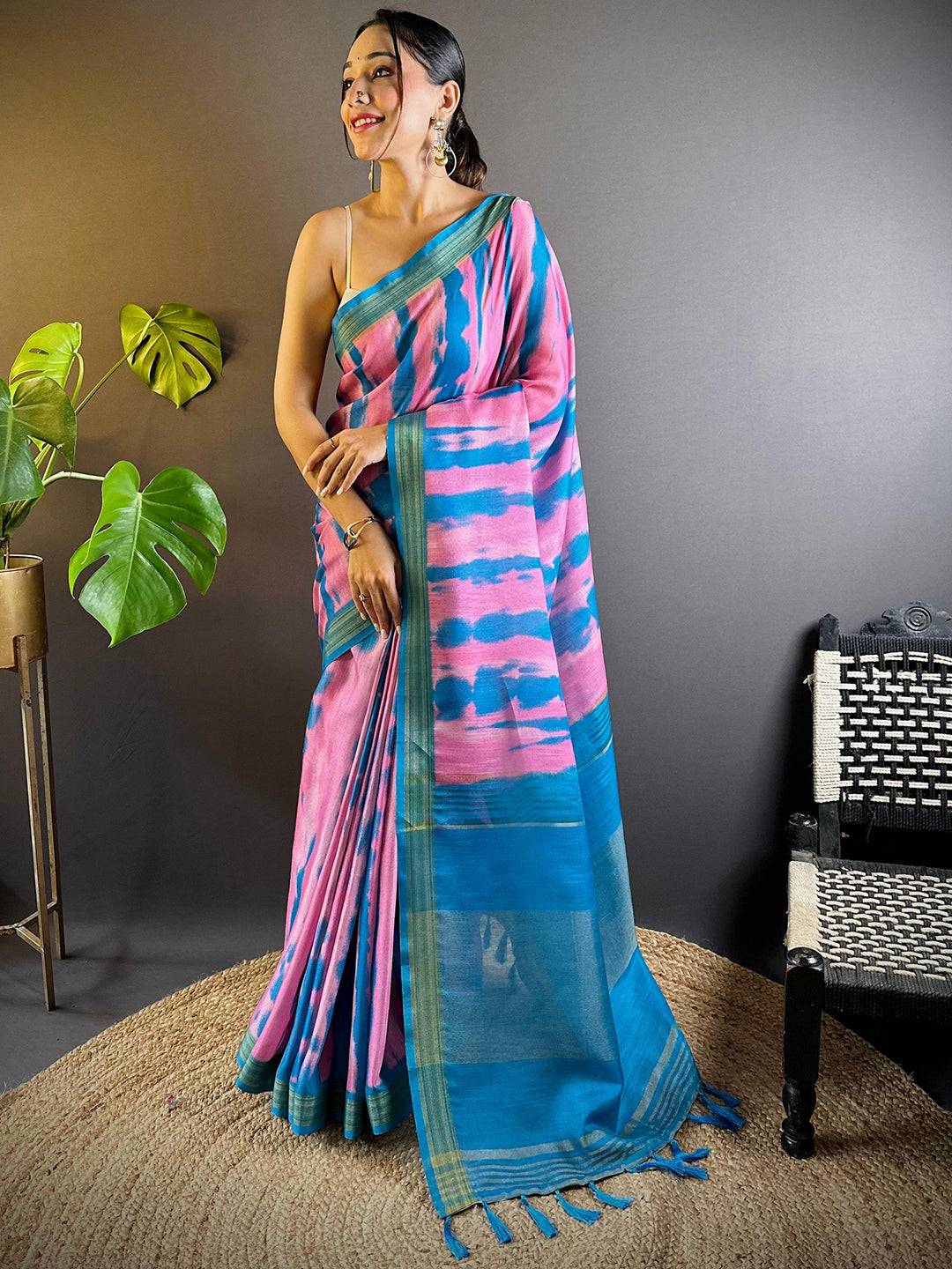 Pink Shibori Print Linen Saree - Image 3