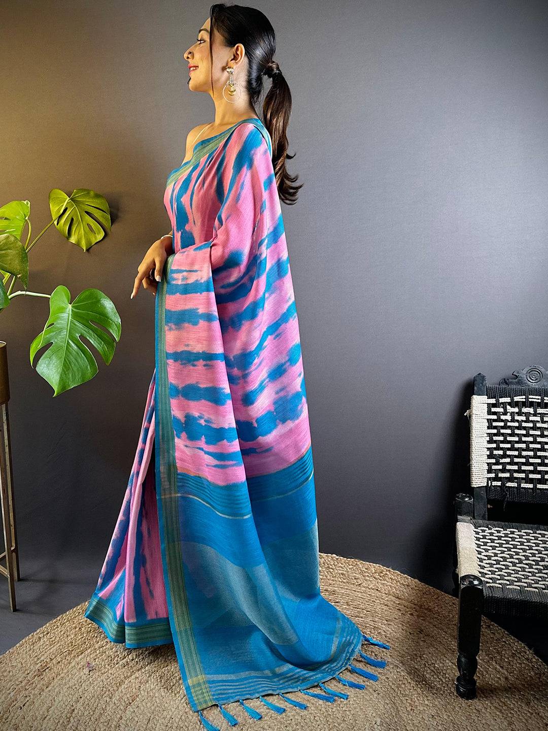 Pink Shibori Print Linen Saree - Image 4