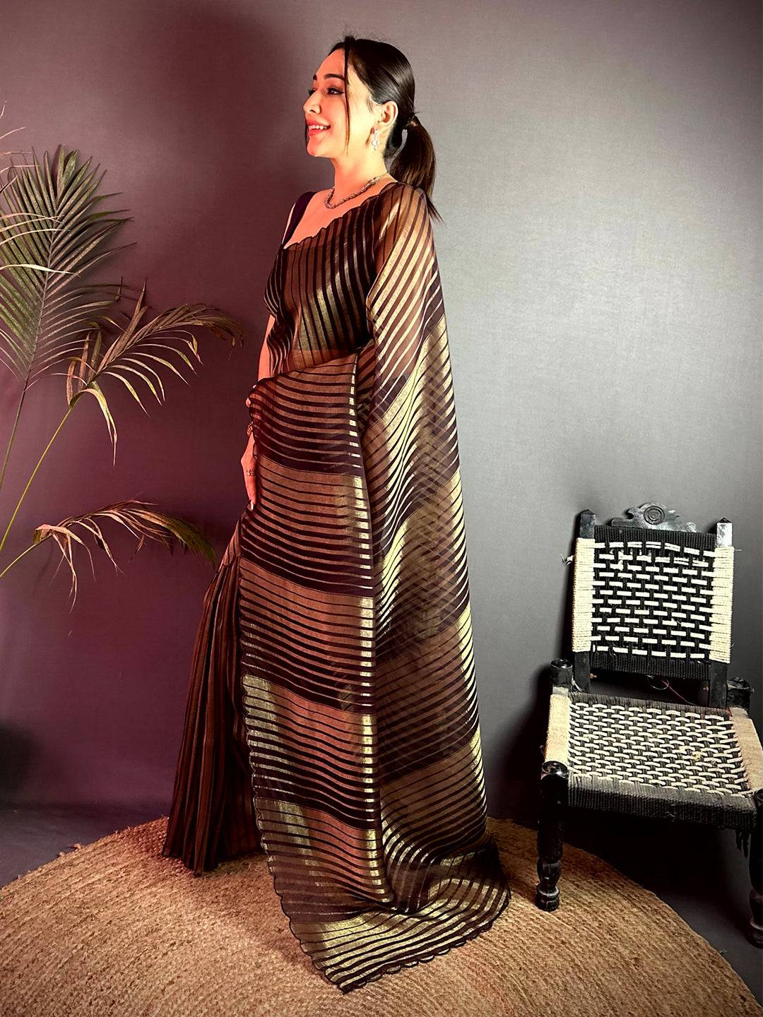 Radiant Gold Zari Striped Chiffon Saree - Image 3