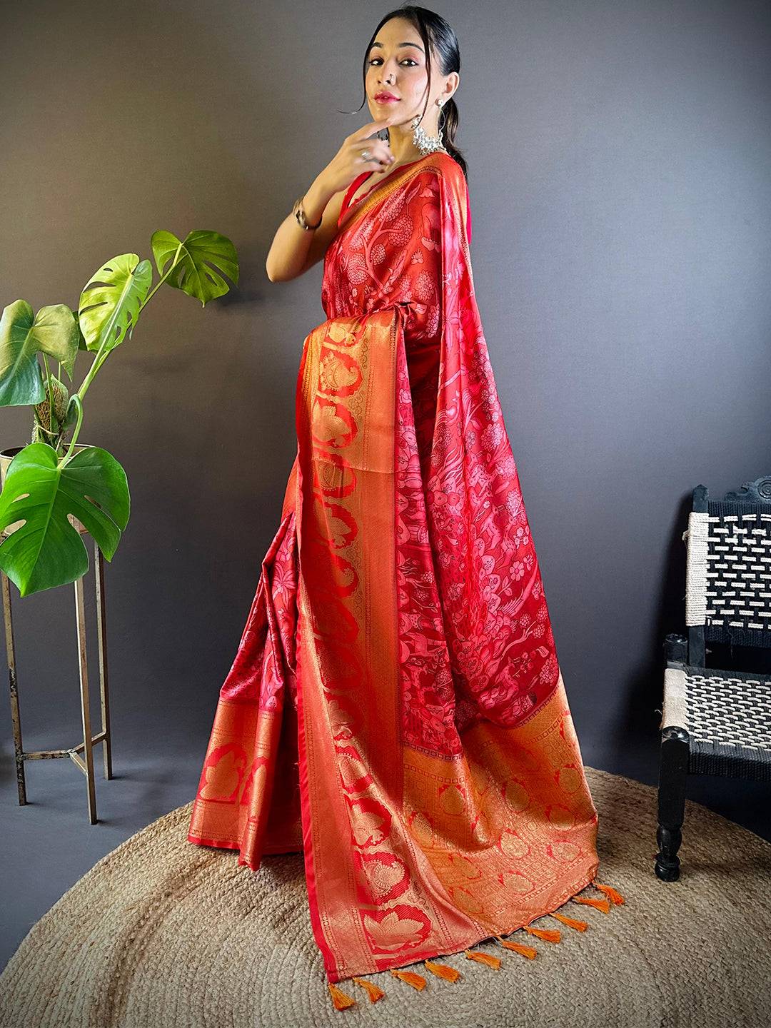 Red Charry Satin Floral Saree - Image 3