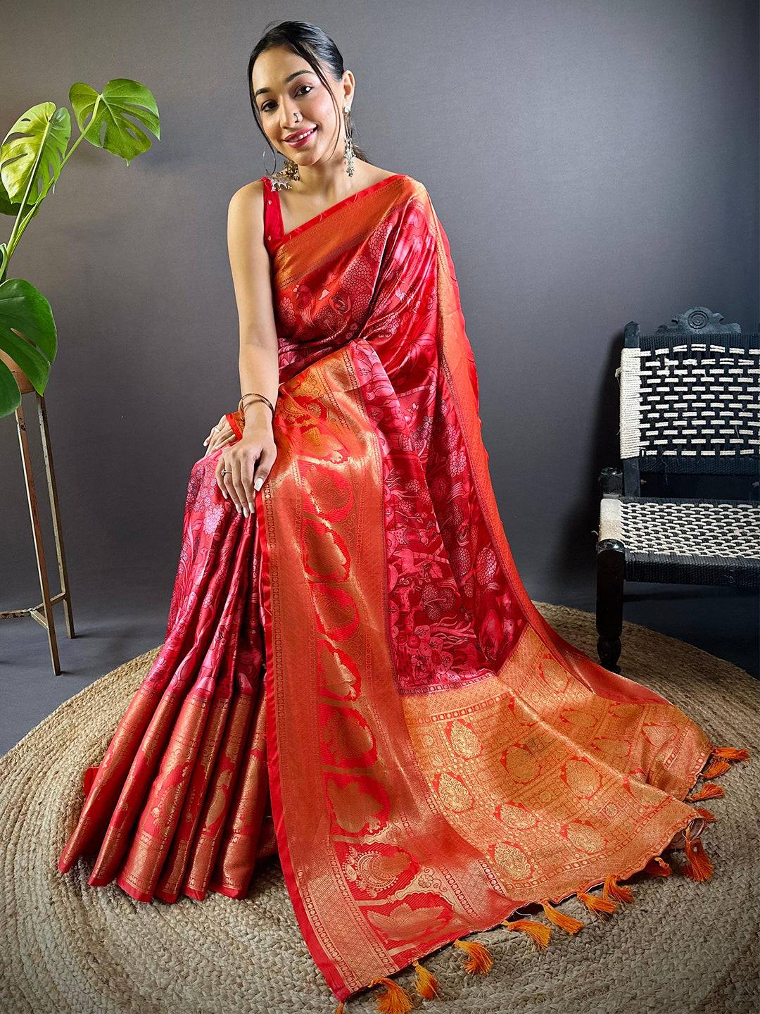 Red Charry Satin Floral Saree - Image 4