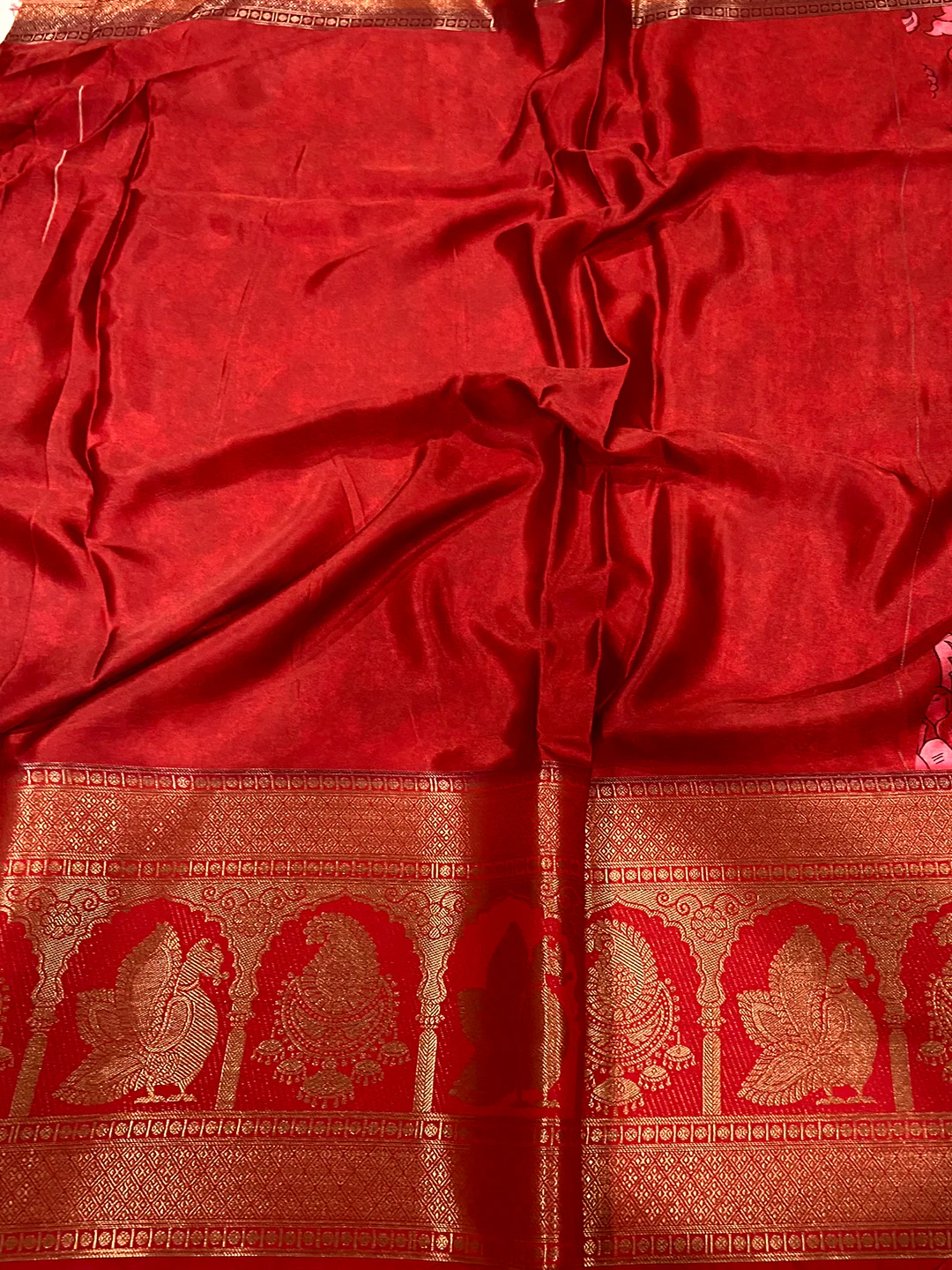 Red Charry Satin Floral Saree - Image 5